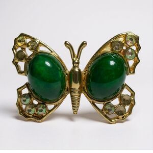 Vintage Green Glass Cabochon Butterfly Brooch w/ Aurora Borealis Rhinestones